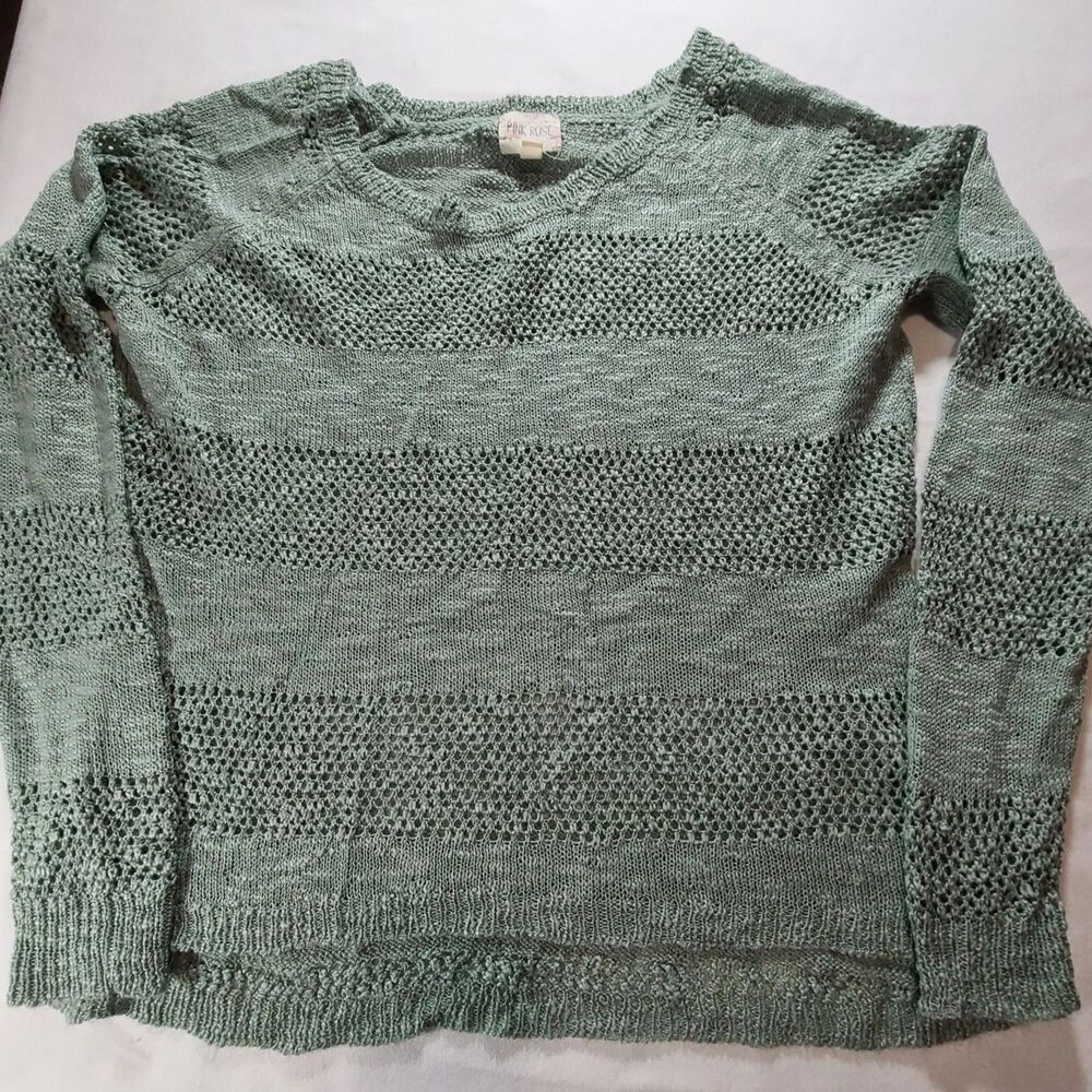 Pink Rose Open Knit Sweater Junior's Large Green Lightweight Boho Pullover